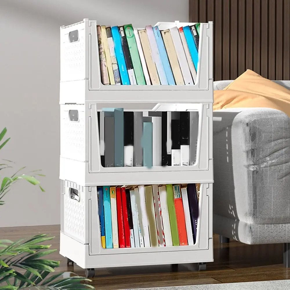 

Plastic Folding Storage Box Stackable Large Capacity Wheeled Sundry Basket Space Saving with Wheels Book Storage Basket