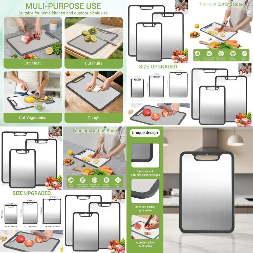 

3-Piece Stainless Steel Kitchen & Camping Cutting Board Set with Silicone Edges for Stability and Safety