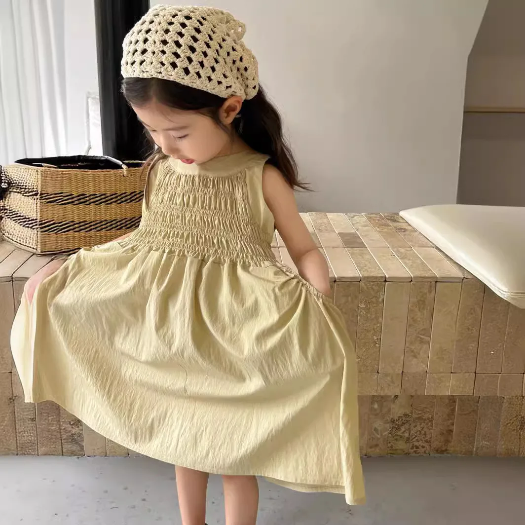 2024 Korean Girls Solid Color Sleeveless Dress 2024 Summer New Childrens Baby Sweet Cotton Skirt Kids Dress