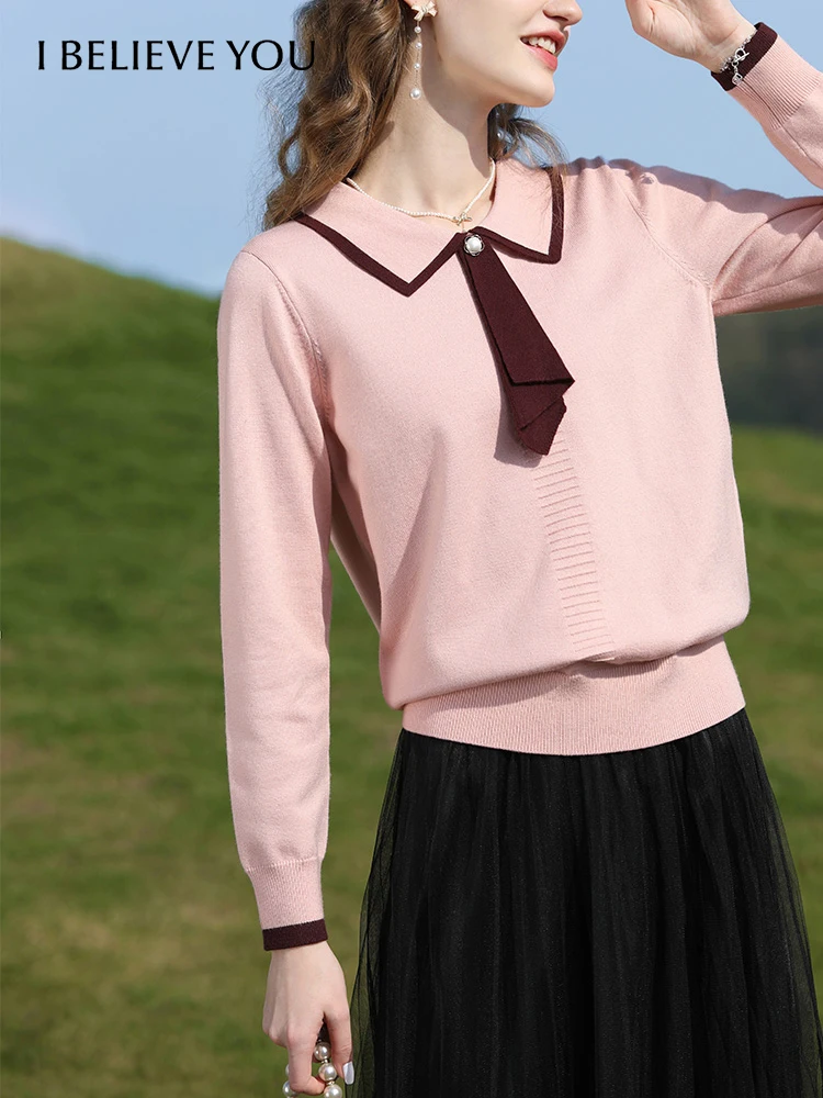 I BELIEVE YOU Sweater Women 2023 Spring Gentle Polo Collar Pullover Elegant Knitwears Office Lady Female Knitted Tops 2224144952