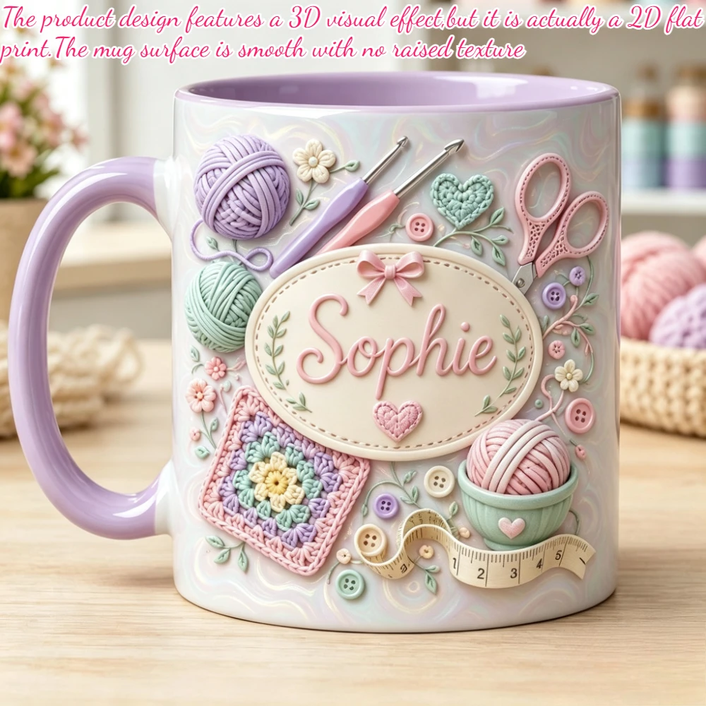1pc 2D Flat Print Personalized Crochet Mug Custom Name Yarn Lover Gift Granny Square Coffee Cup Handmade Lover Mug Pink Macaron