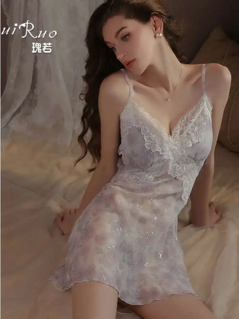 مثير الوردي جديد الشيفون زهر الكرز الوردي خليط الدانتيل الرغبة النقية الحلو الشيفون منامة الساخن مع وسادة الصدر فستان J6K1