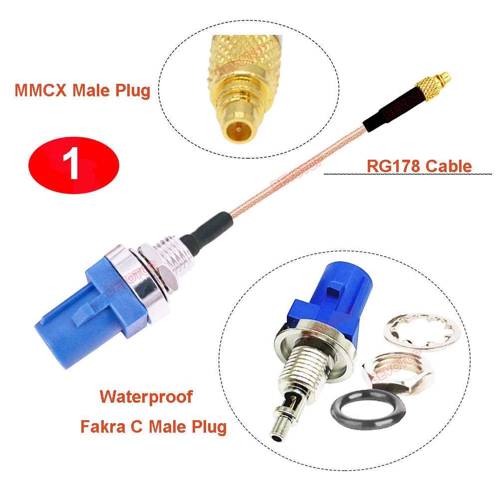 10PCS MMCX to Fakra Waterproof Cable Set O-Ring Fakra C Male to MMCX Male Straight/180° RG178 Pigtail RF Coaxial Jumper