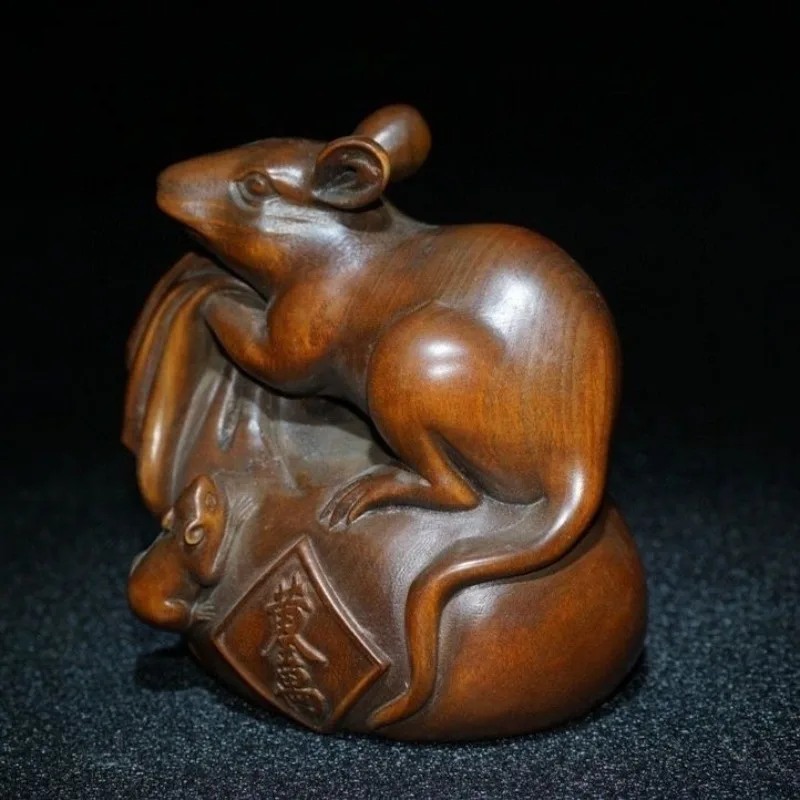 Hand Carved Wood Money bag mouse fortune mouse rat Statue Figurine Desktop Ornaments Home Decoration