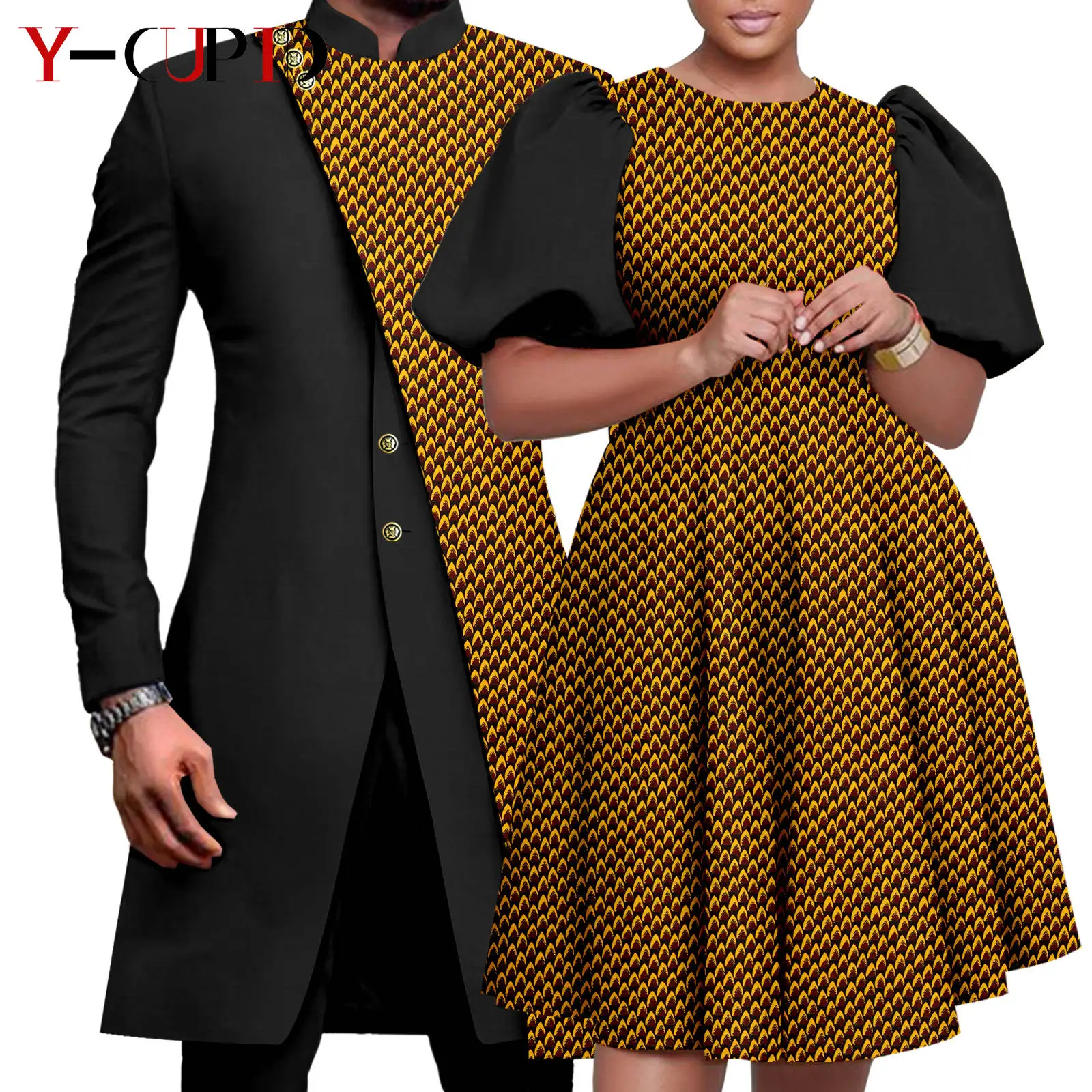 African Couple Matching Clothes Dashiki Women Print Dresses Bazin Riche Men 2 Pieces Suit Patchwork Jacket and Pant Sets Y23C076