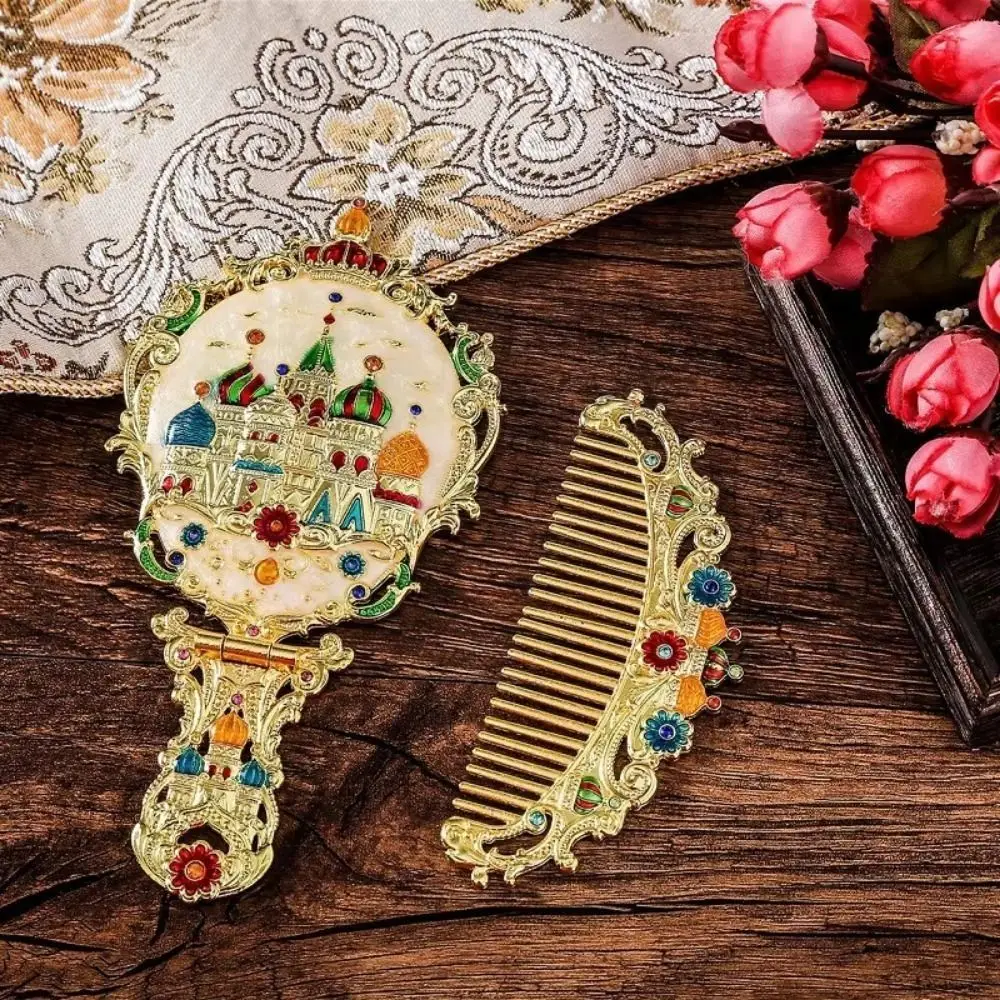 3D Handheld Handheld Mirror Set Portable Luxury Foldable Cosmetic Mirror with Comb Decorative Vintage Embossed Mirror Travel Use