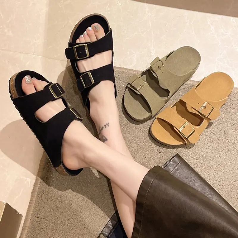 2024 New Summer Women Slippers Fahsion Beach Cork Slippers Casual Double Buckle Non-slip Slides Women Slip On Flip Flop Shoe 40