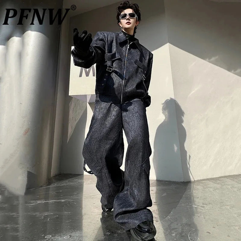 PFNW High Street Men's Suit Multi-pocket Ribbon Jacket Men Loose Wide Leg Pants Male New Fashion Two-piece Set Autumn 9C4240