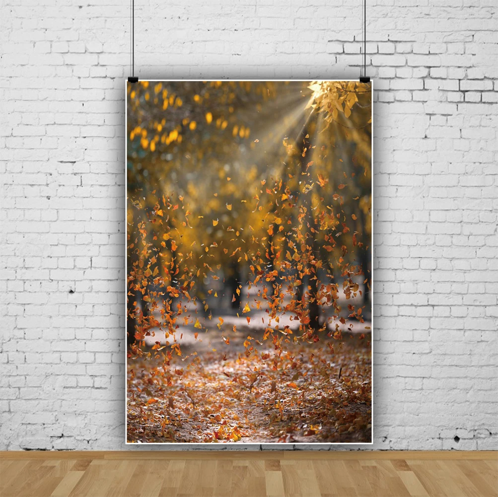 Laeacco Autumn Scenery Photography Backdrop Yellow Trees Fallen Maple Leaves Forest Pathway Kids Adult Portrait Photo Background