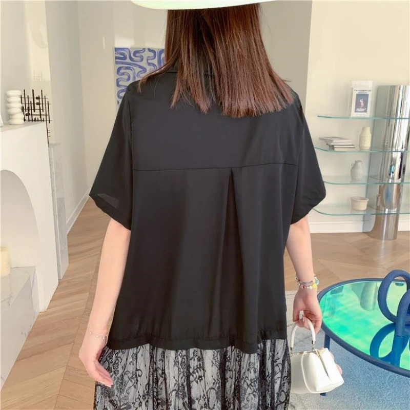 レディース ブラック レース プリーツ プラスサイズ Tシャツワンピース 新作 ラペル ハーフスリーブ ルーズフィット ファッション トレンド 春夏 ロングワンピース