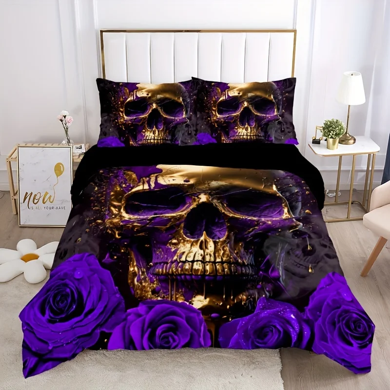 

3pcs Soft and Breathable Purple Rose Skull Pattern Duvet Cover Set for Bedroom, Guest Room, and Dorm Decor