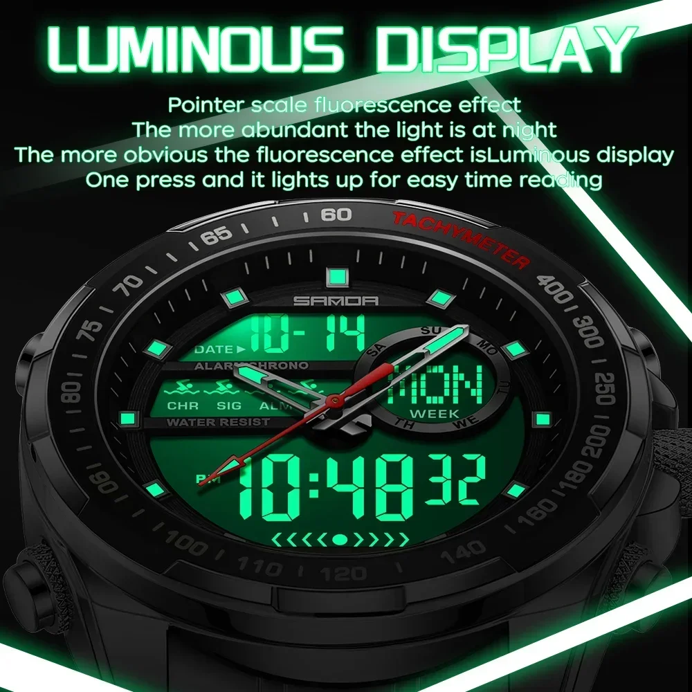 SANDA Men's Analog Digital Dual Display Quartz Wristwatch 50M Waterproof LED Backlight Stainless Sreel Chronograph Sports Watch