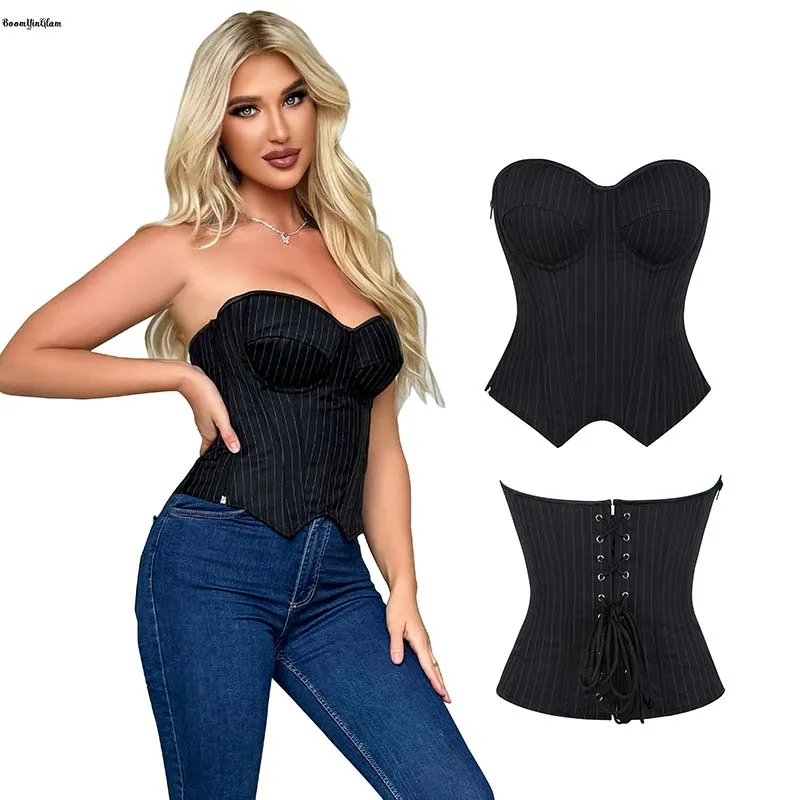 

Navy Blue And Black Women Side Zip Back Rope Tight Gothic Corset Pinstripe Strapless Corset Bustier With Padded Bra