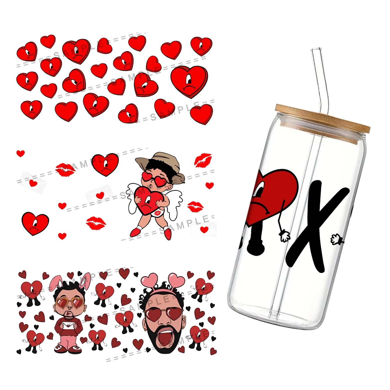 New Valentine's Day Theme Bad Bunny For Libbey 16oz Can Glass 3D Waterproof UV DTF Coffee Can Wrap Libbey Glass Wrap