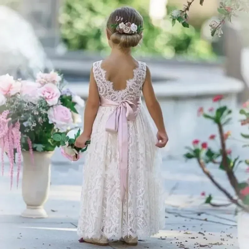 Flower Girl Dress Ivory Lace Backless Pink Belt Bow Baby Girl Birthday Party Wedding First Communion Holiday Dress