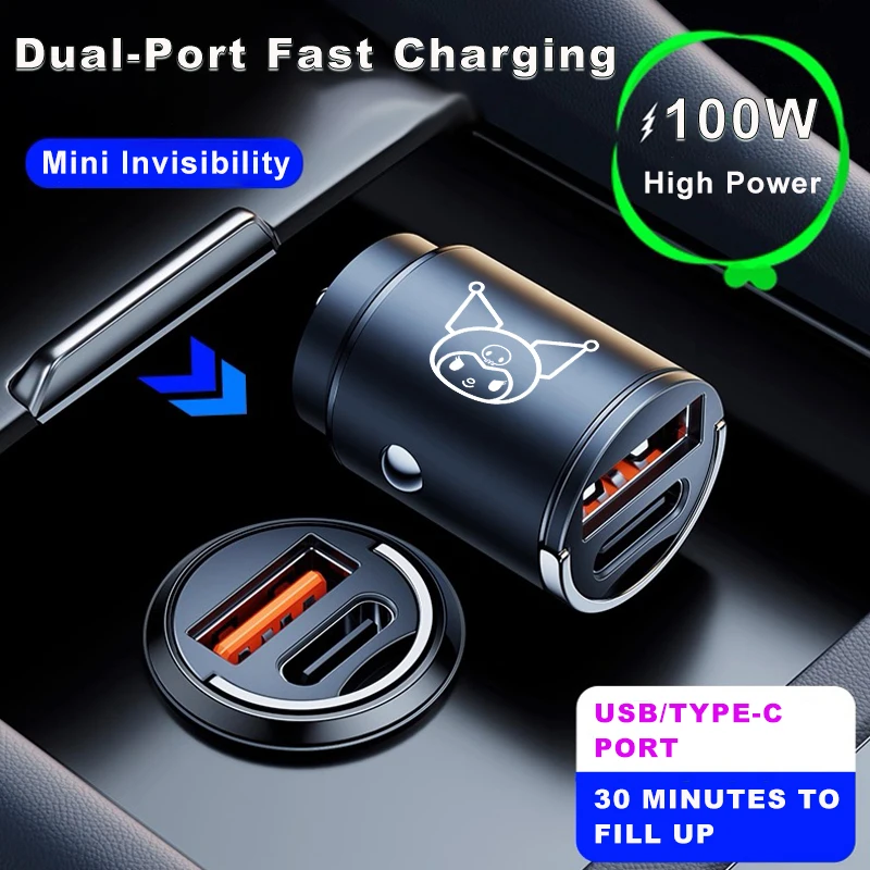 100W QC3.0 PD Mini Car Charger Fast Charging Sanrio Emblem Car Interior Accessories USB Type C Charger For Sanrio Kuromi