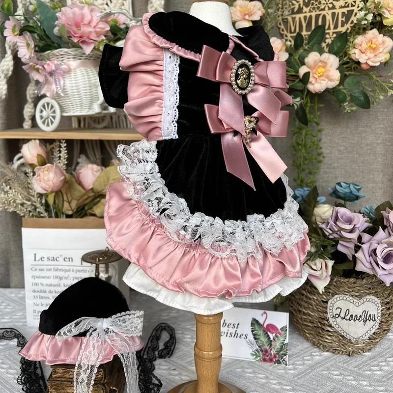 Original Handmade Pet Dog Cats Clothing Retro Black Pink Velvet Bow Cute Princess Dress For Small Medium Dog Puppy Clothes Coat