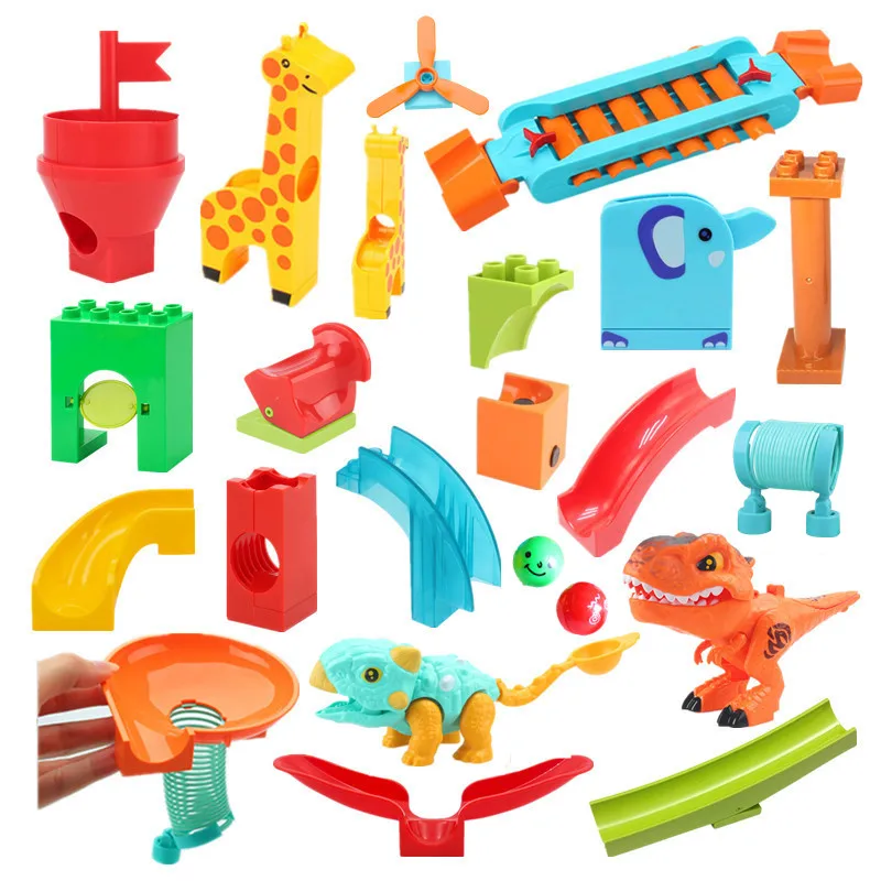 Maze Track Building Block Toys Corrida de mármore Bola de corrida Piano Slide Catapulta Dinnosaur Funil de mola Peças de cubo grande