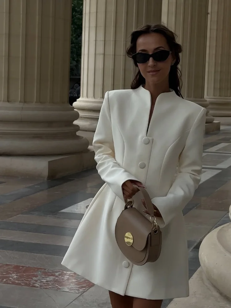 فساتين نسائية أنيقة صغيرة متينة واحدة الصدر أنيقة بأكمام طويلة وياقة على شكل حرف V فساتين قصيرة على شكل حرف a موضة جديدة للسيدات للتنقل