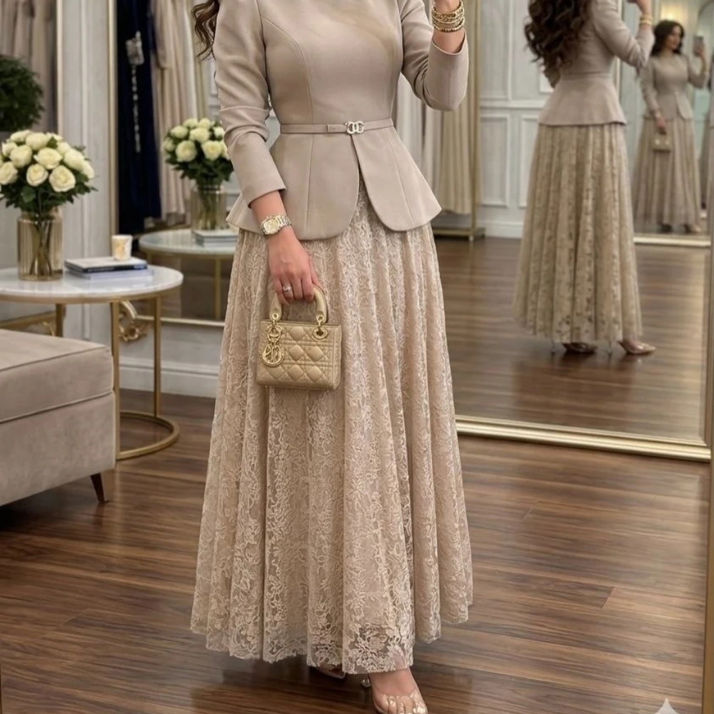 Modische zweiteilige Partykleider für Damen, O-Ausschnitt, lange Ärmel, plissiert, A-Linie, knöchellang, Abendkleid, Ballkleid, 2026, neu, individuell gestaltet