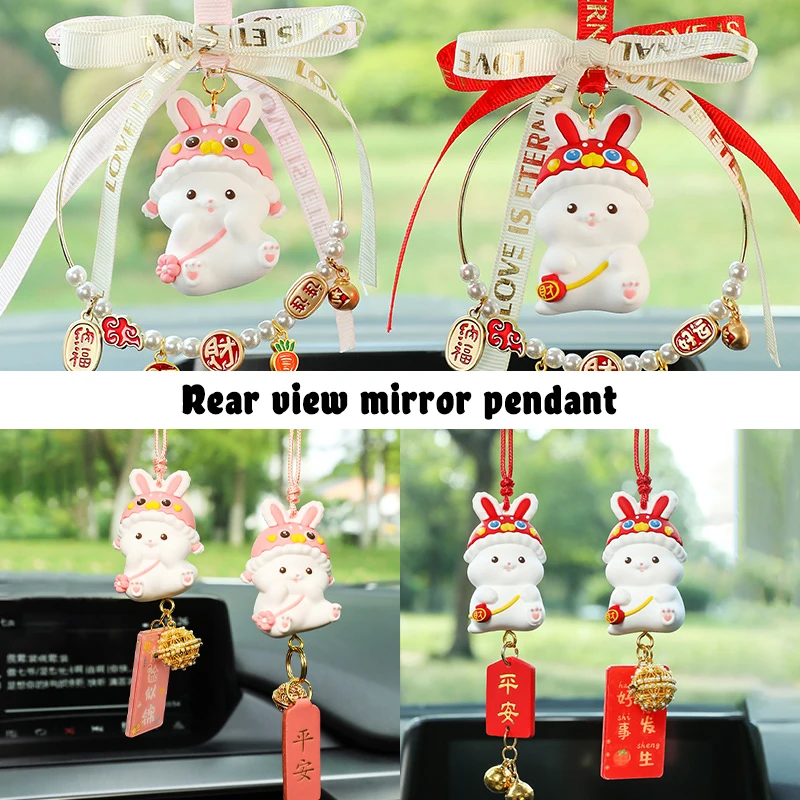 Cute Lucky Rabbit Car Pendant Amulet Blessing Rearview Mirror Hanging Alloy Key Bag Car Ornament Decor Couple Gift Xmas New Year