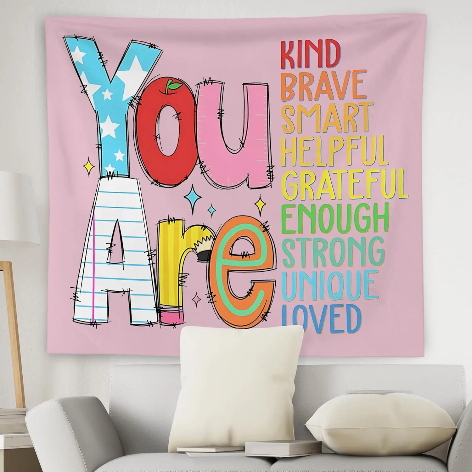 Positive Affirmations for Kids Tapestry Wall Hanging, Kids Affirmation Wall Decor, You Are Kind Brave Smart Inspirational