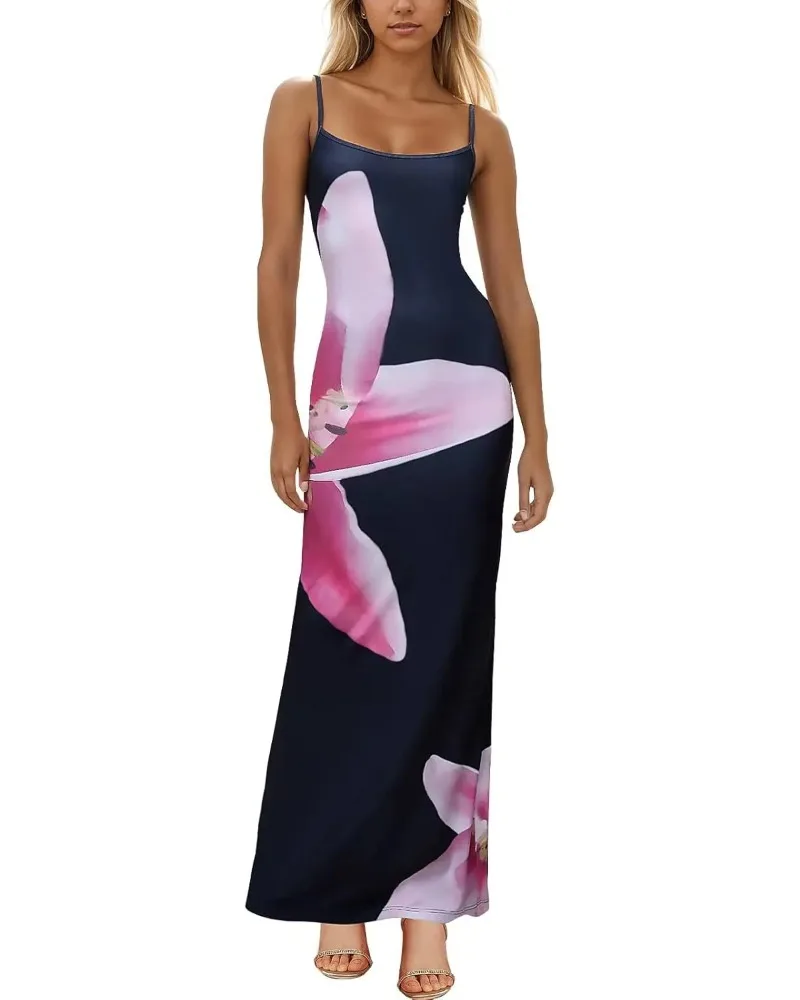 KIDCRKJ Langes Kleid mit Blumenmuster für Damen, Sommerkleid, neu, mit Spaghettiträgern, ärmellos, rückenfrei, figurbetont, sexy Midikleid, elegant