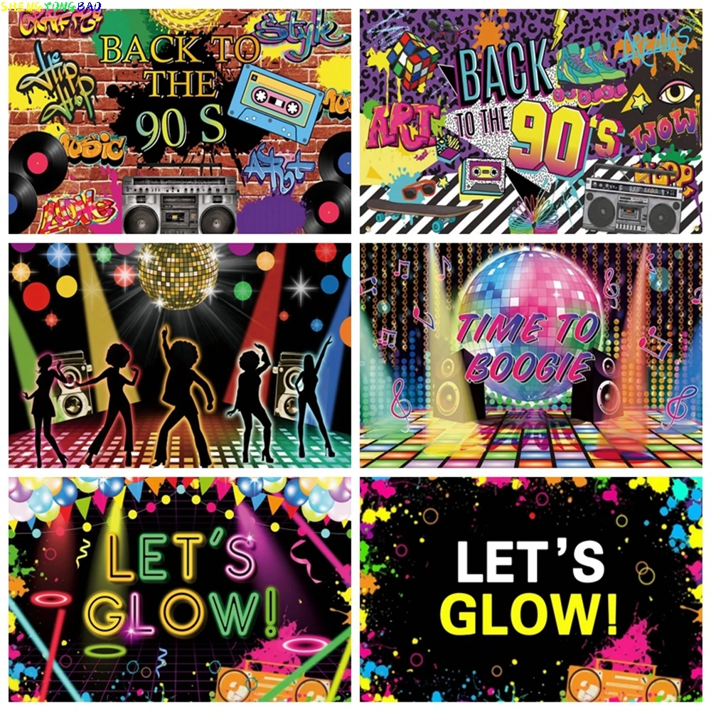 

90's Party Backdrop Let's Glow Graffiti Hip Pop Neon Glow 90s Background Music 90th Themed Party Banner Glitter Decoration