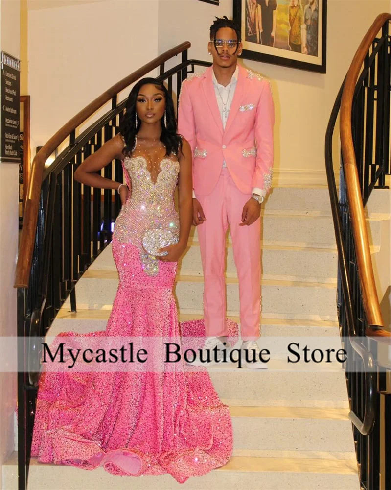 

Sparkly Pink Sequins Mermaid Prom Dresses 2025 For Black Girl Silver Rhinestones Crystals Evening Dress Customized Party Gowns