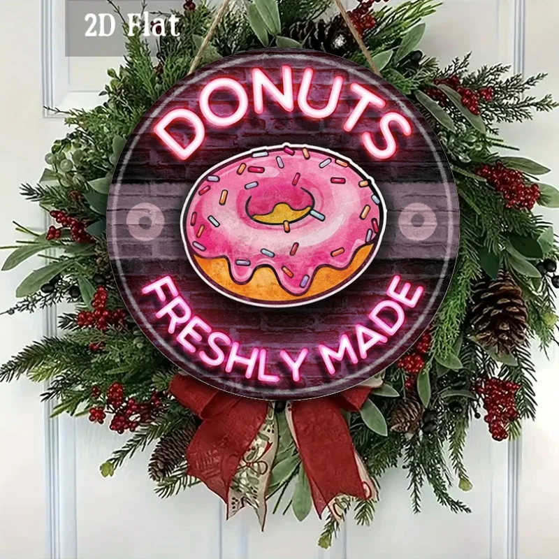 2D Flat - 1pc a Neon Donut Sign on a Wooden Panel, Perfect for Decorating with a Dessert Theme. This Round Wall Art Features Bri