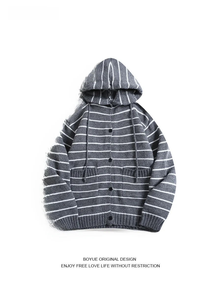

Boyue японский полосатый вязаный открытый кардиган с капюшоном, повседневный свободный свитер для пар, пальто для мужчин и женщин, длинный све, зимнее теплое