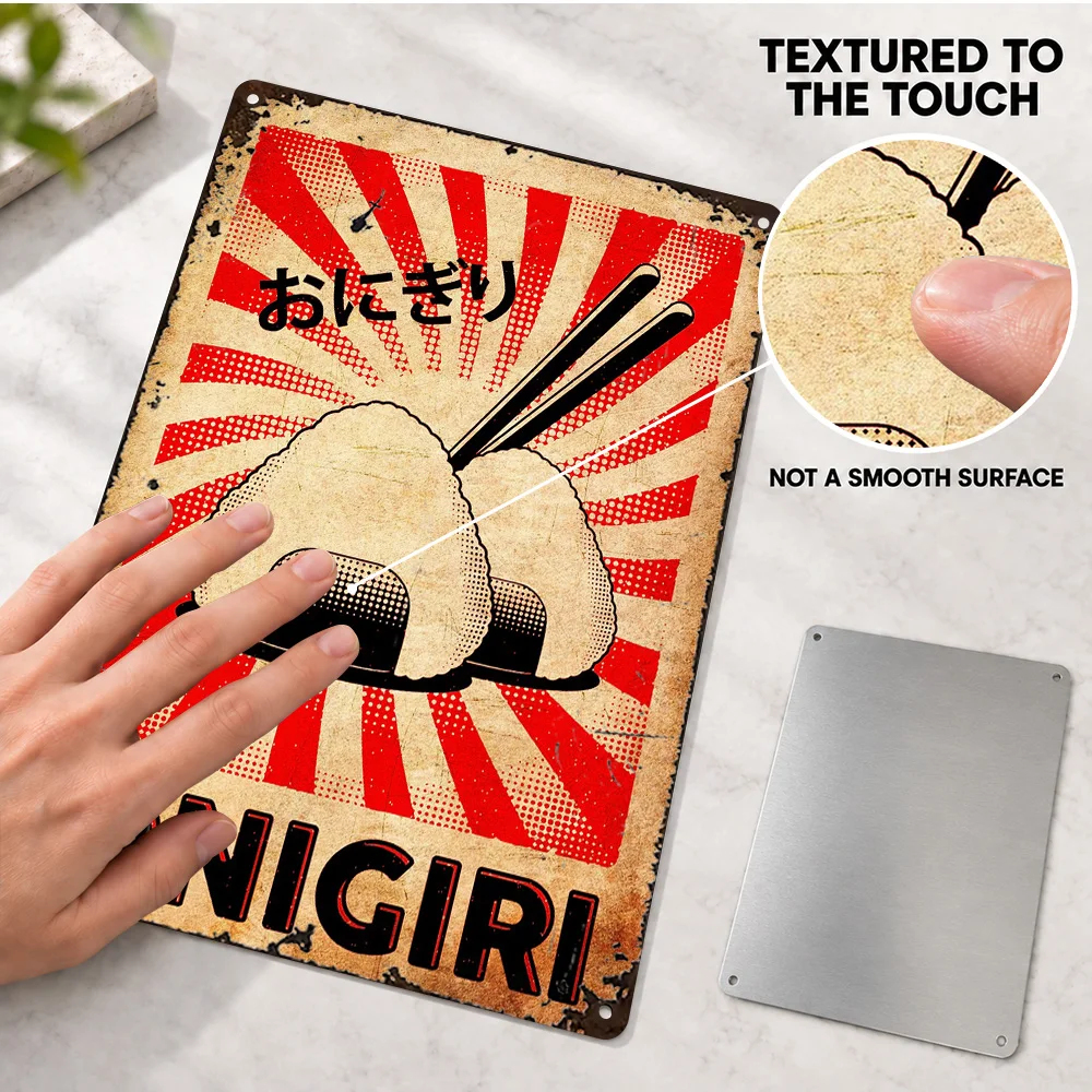 Onigiri Japanese Food Retro Textured Metal Poster Bold Design Creative Workspace Wall Art Customized Aluminum Sign Unique Gift