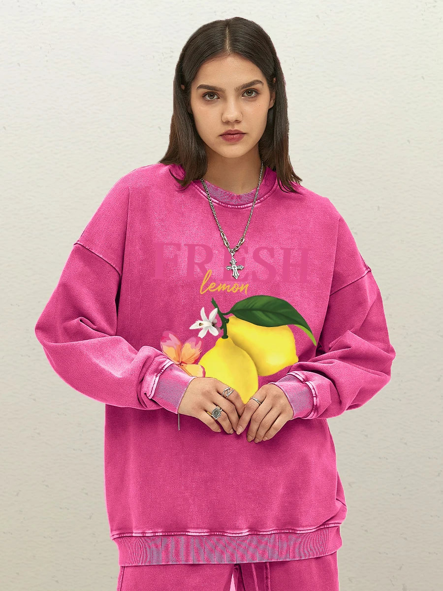 الليمون الطازج الفواكه زهرة طباعة غسلها البلوز المرأة فضفاضة مريحة البلوز Crewneck الملابس أزياء القطن الرياضية