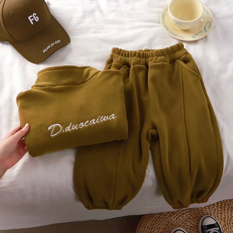 Autumn Winter Boys Girls Clothing Set Letter Print Double Sided Fleece Thick Zipper Coat+Pants 2Pcs For 2-10Y Kids Casual Suit