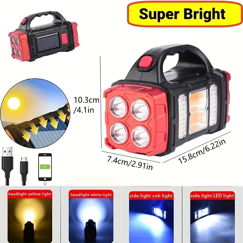 

Portable Powerful Solar USB Rechargeable Flashlight LED Light With COB Work Light 4 Gear Charge Mobile Phone Camping Lamp