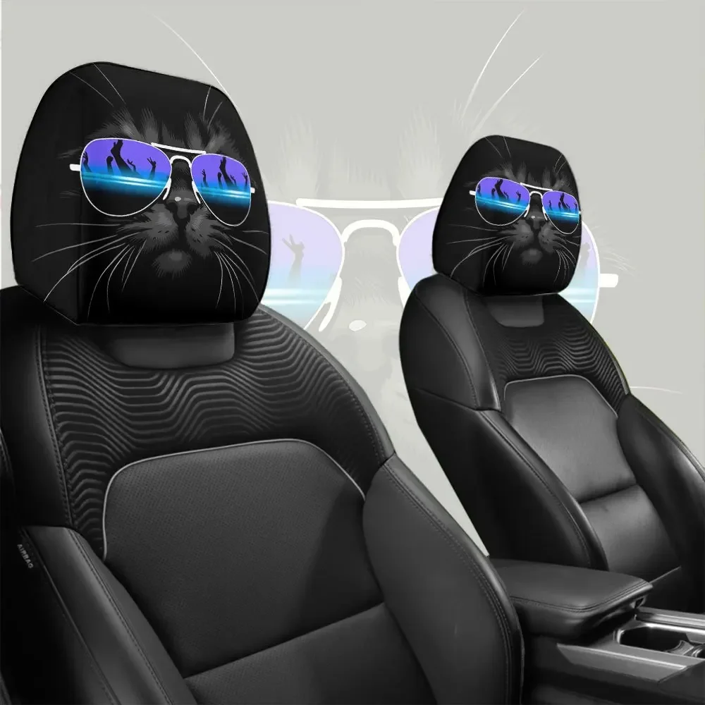 Cool Sun Reflective Sunglasses Black Cat Car Headrest Cover 2pcs Versatile and Breathable Suitable for Long Distance Travel