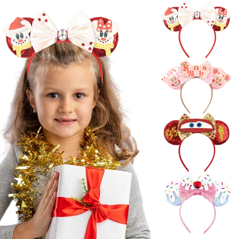 2024 Disney Mouse Ears Headband For Girls Santa Baby Sequins Bow Christmas Festival Party Hairband Cosplay DIY Hair Accessories