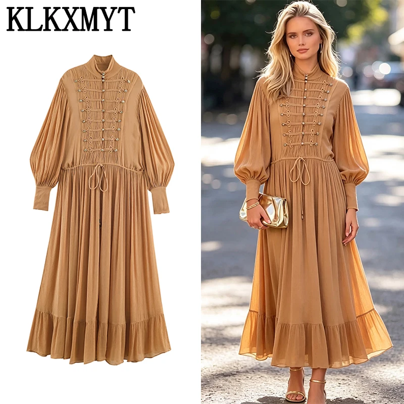 KLKXMYT Elegantes Damenkleid mit Seilknoten-Schnalle, langem Ärmel, Rüschen und Taillenband, für Urlaub und Freizeit.