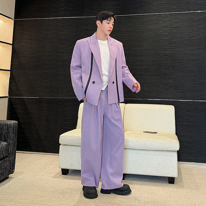 IEFB Korean Style Men\'s Two-piece Suit Set Niche Double Zipper Decoration Straight Loose Pants 2024 New Stylish Male 9C7331