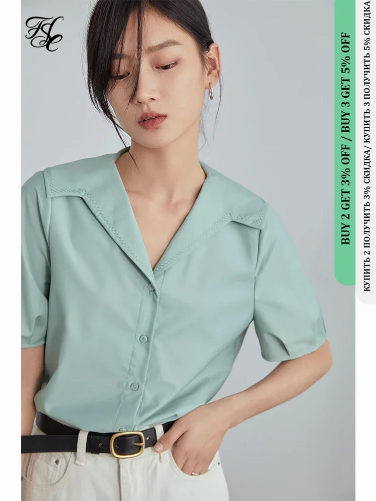 

FSLE Minimalism Blue Short-sleeved Shirt For Female Design Sense Niche Professional Temperament Shirt Summer New Women Tops