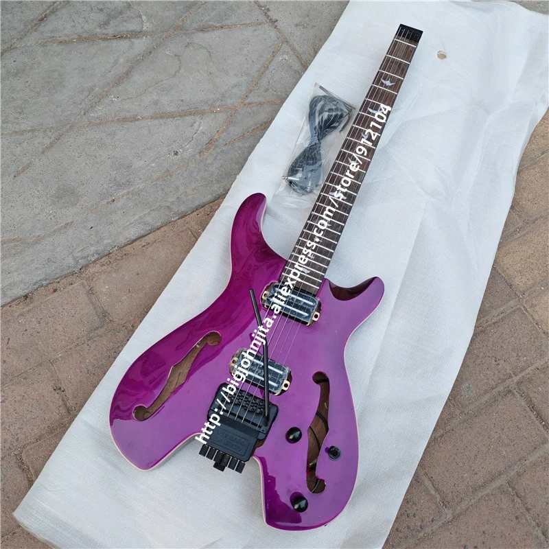 Purple Semi Hollow 6 Strings Headless Electric Guitar,Double Track Pickup Mahogany Body BJ731
