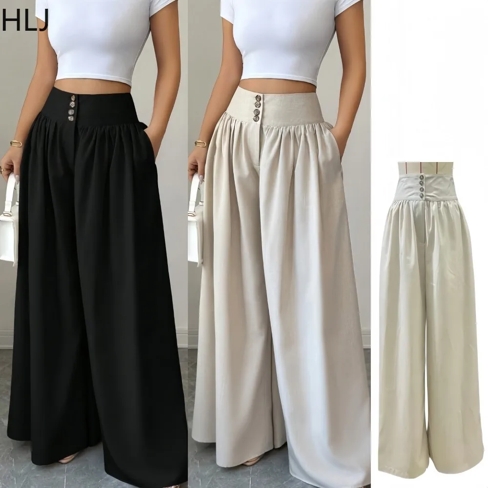 HLJ Elegant Ladies High Rise Wide Leg Pants Multi Button Decor Elastic Gathered Waist Side Pocket Loose Length Long Trousers New