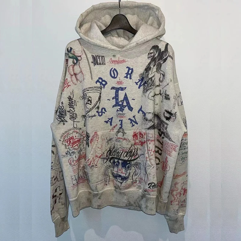 Long Sleeve Graffiti Print Hot Stamping Saint Hoodies Washed Vintage Loose Men Woman Best Quality Plush Pullovers