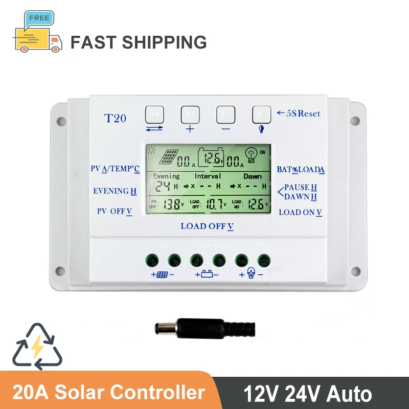 20A Solar Charge Controller Solar Panel Controller With LCD Display for 12V/24V Auto Dual Timer Function Solar Regulator T20