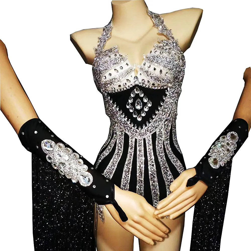 Fonkelende Diamanten Mouwloze Hals Gemonteerde Bodysuits Backless Prestaties Kleding Fringe Decoratie Handschoenen Stadium Slijtage Dame