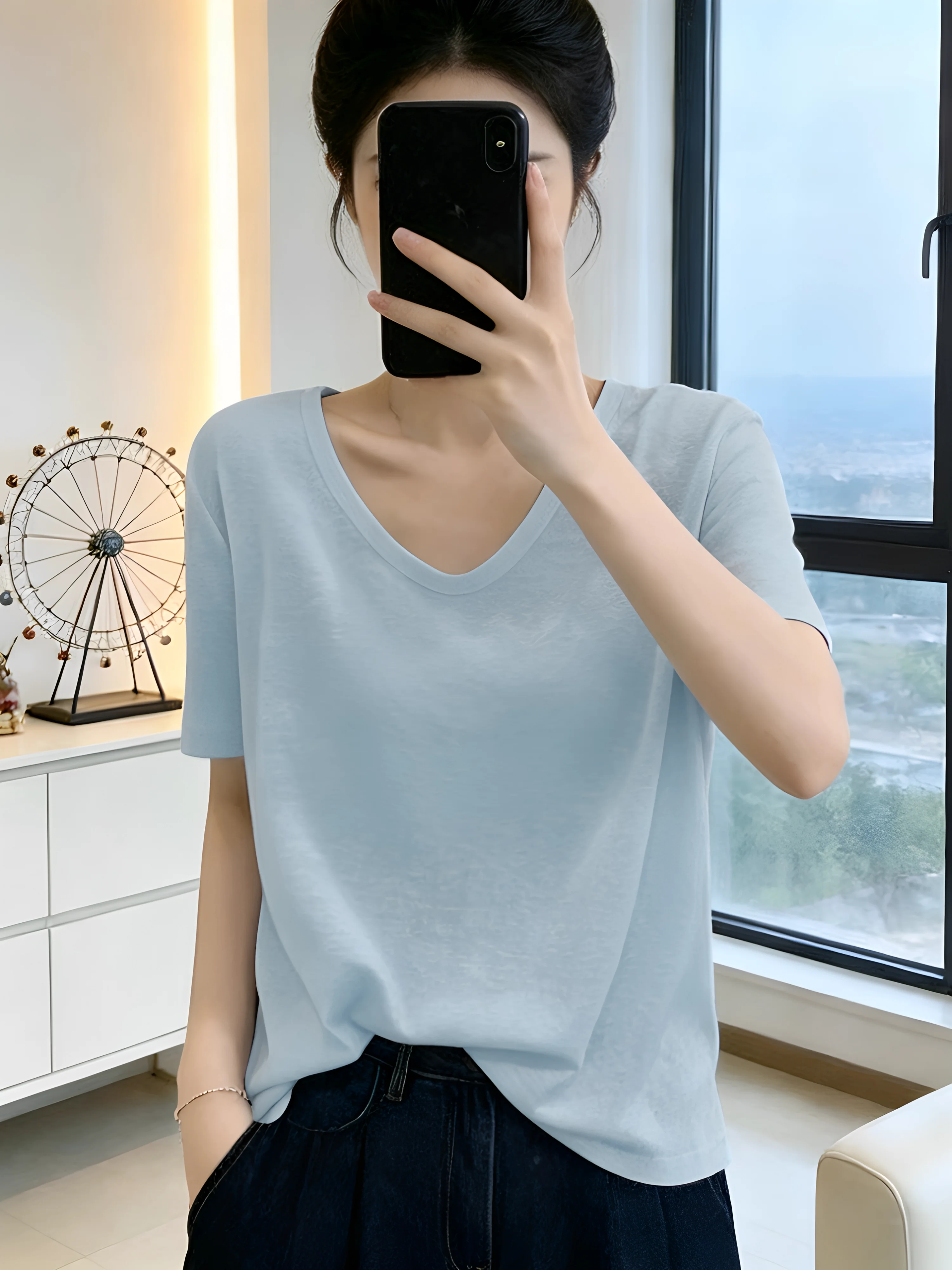 Ice Silk Snowflake Cotton Short Sleeve T-Shirt Women's Summer New Large Size Loose Slimming V-neck  Thin Top