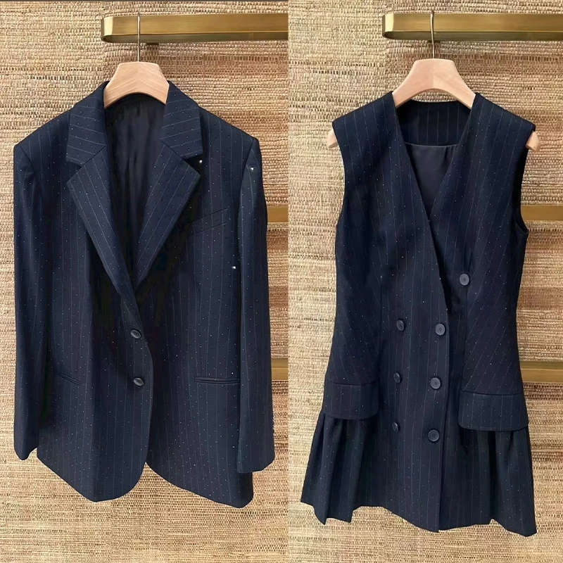 

Striped Hot Stamping Women Long Sleeve Loose Turn-Down Collar Blazer Or V-Neck Sleeveless Double Breasted Mini Dress 2025 New