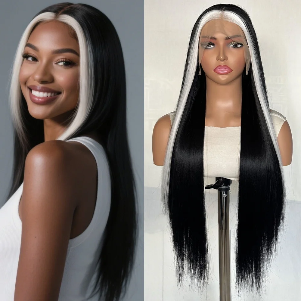 

Женский парик фронта шнурка, черный с ручным крючком и белыми бликами, длинный прямой термостойкий синтетический парик шнурка для косплея