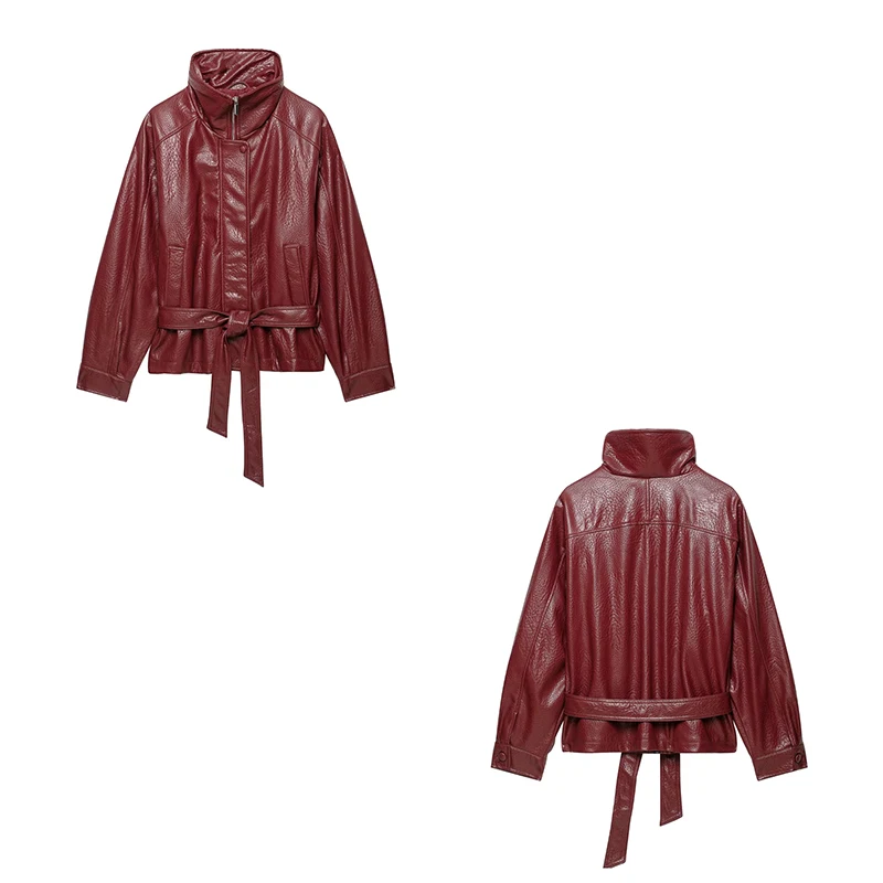 Guobioziy Women's Slim Belt Faux Leather Jacket 2026 Spring-Autumn New European-American Casual Fashion Trend Retro Street Style