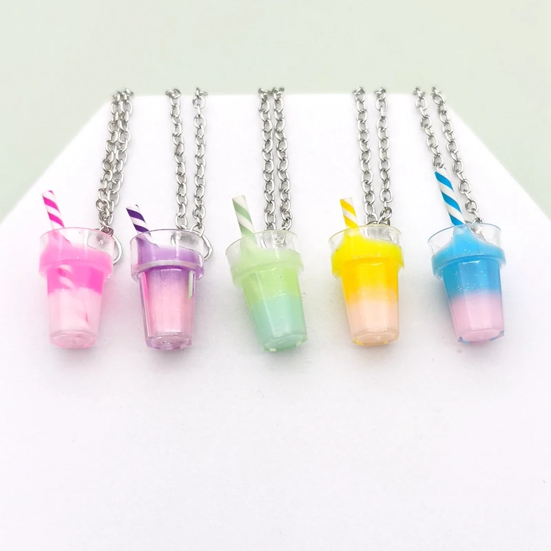 Resin Cute Mini Pearl Milk Tea Cup Necklace Drink Pendant Tea Fruit Juice Bracelet Diy Chain Jewlery for Women&Girl Party Gifts